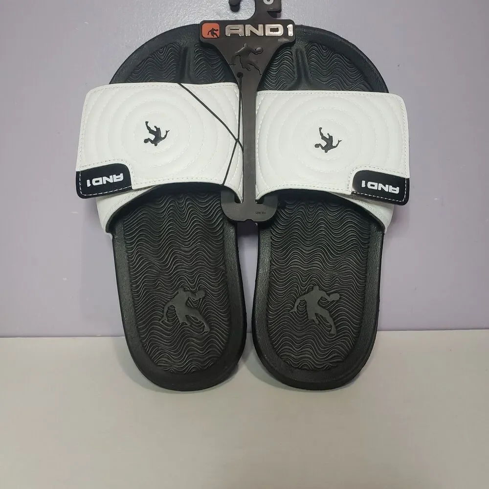 AND1 NWT White Black Men's Unisex Slides Slip On Sandals Sz 8